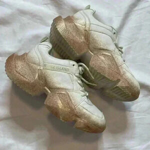 River Island Lace Up Glitter Chunky Style Trainers Sneaker Size 1 White Gold